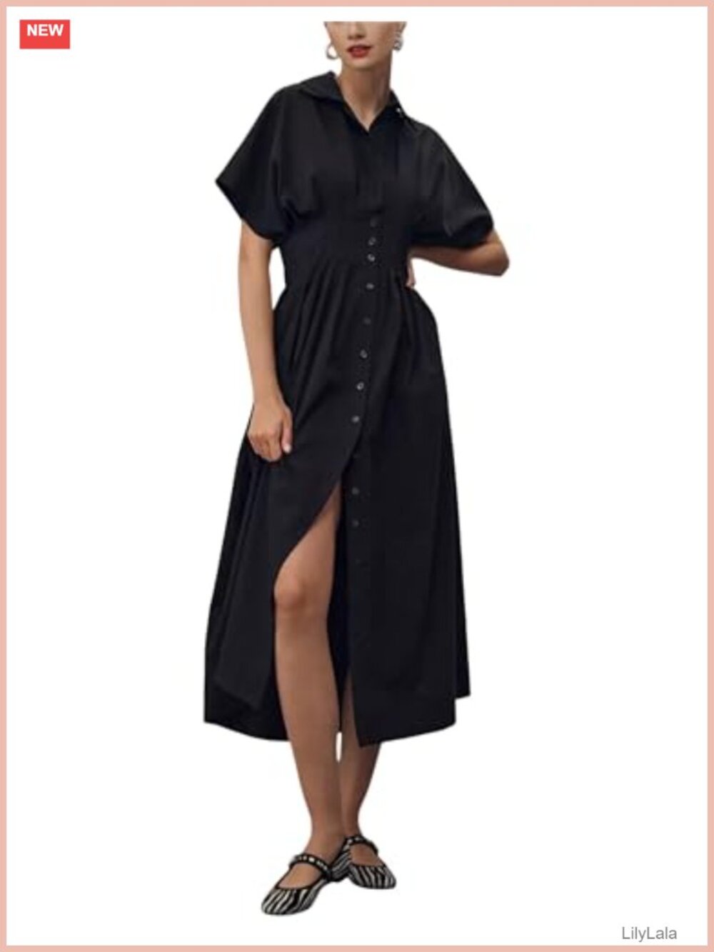 Pleated Button Front Shirt Dress Maxi A-Line Sundress with Pockets